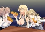  3girls atlanta_(kantai_collection) blonde_hair breasts brown_hair chair cleavage eating eyebrows_visible_through_hair food glasses holding holding_food houston_(kantai_collection) iowa_(kantai_collection) kantai_collection large_breasts light_brown_hair lips long_hair long_sleeves meme misumi_(niku-kyu) multiple_girls open_mouth sitting skirt suspender_skirt suspenders table twitter_username 