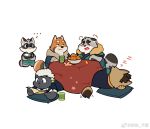  ... 2020 anthro bonasiah book canid canine chibi clothing deebo_(zoohomme) eating felid feline food kemono kura_(zoohomme) male mammal overalls procyonid quanjiang raccoon ratye_(zoohomme) reading rocco_(zoohomme) shirt simple_background sitting sleeping slightly_chubby topwear white_background woopu_(zoohomme) zoohomme 