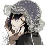  1boy bead_bracelet beads bishounen black_hair bracelet braid commentary_request eyelashes fingernails frills hair_between_eyes jewelry kazari_tayu looking_at_viewer looking_back male_focus original ring see-through solo tongue tongue_out yellow_eyes 
