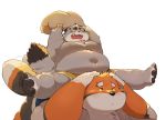  2020 angry anthro belly blush bonasiah duo felid feline fur hi_res kemono kura_(zoohomme) male mammal moobs navel orange_body orange_fur overweight overweight_male pillow quanjiang simple_background sitting white_background woopu_(zoohomme) zoohomme 