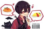  1boy apron bangs barcode bat blush collared_shirt commentary_request ear_piercing eyelashes fang food food_request hair_between_eyes hand_up heart index_finger_raised male_focus oosaka_rei open_mouth original piercing red_eyes red_shirt shirt short_hair thought_bubble tongue watermark 