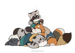  2020 anthro bonasiah clothing eyes_closed felid feline fur grey_body grey_fur group kemono kura_(zoohomme) lying male mammal overalls paws procyonid quanjiang raccoon ratye_(zoohomme) rocco_(zoohomme) simple_background sleeping slightly_chubby white_background woopu_(zoohomme) zoohomme 