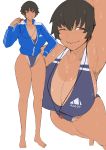  1girl absurdres armpits bangs barefoot blue_jacket breasts brown_eyes brown_hair cleavage closed_mouth coach competition_school_swimsuit curvy eyebrows_visible_through_hair full_body grin gym_teacher hand_on_hip highres holding holding_whistle huge_breasts jacket looking_at_viewer one_eye_closed original puzenketsu short_hair smile swimsuit tan tanline thighs toes track_jacket wet whistle whistle_around_neck white_background 