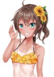  1girl ahoge aqua_eyes bangs bare_arms bare_shoulders bikini brown_hair collarbone dark_skin eyelashes fingers flower frilled_swimsuit frills grin hair_between_eyes hair_flower hair_ornament halterneck highres hololive layered_bikini layered_swimsuit liu5114 looking_at_viewer natsuiro_matsuri one-piece_tan orange_bikini orange_print orange_swimsuit print_bikini print_swimsuit raised_eyebrows ribs short_hair side_ponytail simple_background smile smirk solo sunflower swimsuit tan tanline teeth upper_body virtual_youtuber white_background 