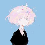  1other :| bangs black_neckwear blue_background blue_eyes blurry bright_pupils chromatic_aberration closed_mouth depth_of_field diamond_(houseki_no_kuni) dot_nose expressionless eyebrows_visible_through_hair eyelashes floating_hair flying_teardrops from_side gem_uniform_(houseki_no_kuni) hair_between_eyes houseki_no_kuni looking_at_viewer looking_to_the_side necktie pink_hair puffy_sleeves ronoh_(jill) sad short_hair simple_background solo sparkle tearing_up tears upper_body white_pupils wing_collar 