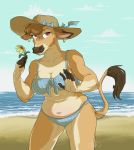  anthro beach belly big_hat bikini bovid bovine cattle clothing curvy_figure ear_piercing female flower jacqueline_(nicnak044) jersey_cattle mammal piercing plant seaside solo swimwear ugly-dog 