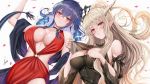  16:9 2020 5_fingers animal_humanoid arknights blonde_hair blue_hair blush breasts chen_(arknights) dragon dragon_humanoid duo female fingers hair hi_res horn horned_humanoid humanoid humanoid_pointy_ears looking_at_viewer nipple_outline piukute062 red_eyes shining_(arknights) simple_background smile widescreen 