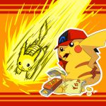  1:1 2009 clothing eating feral food hat headgear headwear hinami japanese_text nintendo pikachu pok&eacute;mon pok&eacute;mon_(species) sitting solo text video_games yellow_body 