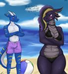  anthro ball beach beach_ball bikini blush bottomwear bulge choker clothing crossed_arms curvy_figure dialogue dragon duo female hi_res horn humor imminent_sex jeffthehusky jewelry male markings multicolored_body multicolored_skin necklace purple_eyes reptile scalie sea seaside shorts snake swimwear thick_thighs two_tone_body two_tone_skin voluptuous water 