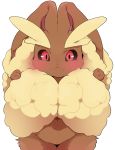  ambiguous_gender anthro black_sclera blush brown_body brown_fur covering covering_breasts dagasi ears_down featureless_crotch fur grabbing_ears happy hi_res holding_ears lagomorph long_ears looking_at_viewer lopunny mammal nintendo pivoted_ears pok&eacute;mon pok&eacute;mon_(species) red_eyes simple_background smile solo thick_thighs video_games white_background wide_hips wool_(fur) 