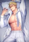  1boy abs bara bed blonde_hair chest d-red kray_foresight lying male_focus muscle navel on_back pants pectorals pillow promare short_hair solo undressing upper_body 