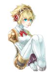  1girl aegis_(persona) ajomo android blonde_hair blue_eyes bow breasts closed_mouth joints persona persona_3 ribbon robot_joints short_hair simple_background smile weapon white_background 