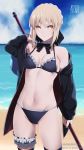  1girl aoi_suzu artoria_pendragon_(all) artoria_pendragon_(swimsuit_rider_alter) beach bikini black_bikini black_legwear blonde_hair blue_sky breasts cleavage cloud fate/grand_order fate_(series) frills highres holding holding_mop jacket looking_at_viewer mop ocean off_shoulder sky sleeves_past_wrists solo swimsuit thigh_strap thighhighs yellow_eyes 