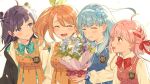  4girls bow dress green_bow hair_bow hanamaru_hareru hanayori_jyoshiryou issindotai kano_(hanayori_jyoshiryou) kohigashi_hitona light_blue_hair long_hair multiple_girls nonomiya_nonono open_mouth orange_hair pink_hair ribbon_braid virtual_youtuber 