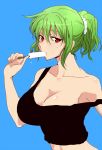  1girl black_tank_top breasts cleavage dripping eating eyebrows_visible_through_hair food food_in_mouth green_hair haji_(hajiko) holding holding_food kazami_yuuka large_breasts looking_at_viewer melting ponytail popsicle red_eyes scrunchie sexually_suggestive simple_background solo strap_slip sweat tank_top touhou 