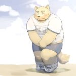  1:1 2020 anthro blush bodily_fluids bottomwear canid canine canis chocobibear clothing domestic_dog genital_fluids kemono male mammal omorashi outside overweight overweight_male shirt shorts text topwear urine wetting 