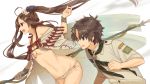  1boy 1girl :o ahoge aisawa_natsu bare_shoulders bikini black_hair blue_eyes breasts brown_eyes brown_hair cape chaldea_pathfinder commentary_request consort_yu_(fate) eyewear_on_head fate/grand_order fate_(series) fujimaru_ritsuka_(male) green_neckwear hair_ornament highres holding holding_spear holding_weapon large_breasts long_hair lowleg lowleg_bikini neckerchief polearm scout_uniform spear sunglasses swimsuit twintails underboob very_long_hair weapon white_background white_bikini white_cape wrist_straps yu_miaoyi_(swimsuit_lancer) 