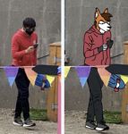  canid canine clothed clothing detailed_background eyewear fenn footwear fox fully_clothed furry_trashcan glasses hoodie low_res male mammal meme phone red_clothing red_hoodie red_topwear shitpost shoes skateboard solo topwear transformation walking 