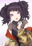  1girl absurdres bangs black_hair breasts camouflage_jacket cellphone diagonal_bangs earrings eyeliner fataaa highres idolmaster idolmaster_shiny_colors jewelry looking_at_viewer makeup off_shoulder open_mouth phone purple_eyes ring see-through smartphone solo tanaka_mamimi twintails 