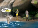  anthro bobcat bottomless breasts canadian_lynx clothed clothing dialogue felid feline female group lake lynx male male/female mammal nicole_(nicnak044) nipples nude quill_(nicnak044) shynjy skinny_dipping speech_bubble swimming topless topless_female undressing waterfall 