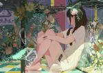  1girl bangs barcode_tattoo barefoot black_hair braid bubble closed_mouth commentary_request crossed_ankles dress fish flower highres leaf long_hair looking_to_the_side original side_slit sidelocks sitting tattoo xilmo 