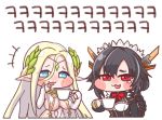  2girls :3 bangs black_hair black_wyrm_s9 blonde_hair blue_eyes blush braid breasts bridal_gauntlets cerestia_of_life cervical chibi circlet commentary_request cup hair_between_eyes huge_breasts korean_commentary last_origin laughing looking_at_viewer maid_headdress multiple_girls red_eyes ribbon simple_background single_braid teacup white_background 