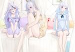  3girls ahoge bangs bare_legs barefoot bed between_legs black_hair blue_camisole blue_dress blue_hair blunt_bangs breasts bunny_pillow camisole closed_mouth colored_inner_hair commentary day dress eyebrows_visible_through_hair full_body grin hair_between_eyes hand_between_legs highres higuchi_kaede horns indoors knee_to_chest leg_hug light_blue_hair lize_helesta long_hair looking_at_viewer medium_breasts mole mole_under_mouth multicolored_hair multiple_girls nijisanji oni_horns open_mouth pillow pink_eyes pointy_ears purple_eyes rindou_mikoto sailor_collar seisei_tamago short_dress silver_hair sitting sleeveless smile streaked_hair thighs virtual_youtuber wariza yellow_camisole 