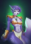  alasta anthro blue_body blue_fur blue_hair breasts canid canine cleavage clothed clothing female fox fur green_background green_eyes hair half-closed_eyes krystal mammal narrowed_eyes nintendo seductive seductive_eyes simple_background sitting smile solo star_fox teeth thick_thighs video_games white_body white_fur wide_hips 