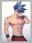  1boy abs bara blue_eyes blue_hair chest d-red galo_thymos male_focus muscle navel nipples pants pectorals promare shirtless short_hair simple_background solo spiked_hair upper_body 