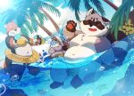  2020 anthro belly blush bonasiah bulge clothing detailed_background eyes_closed felid feline fur grey_body grey_fur group hi_res kemono kura_(zoohomme) male mammal moobs outside overweight overweight_male procyonid quanjiang raccoon rocco_(zoohomme) sitting swimwear water water_gun woopu_(zoohomme) zoohomme 