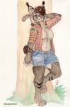  anthro bottomwear canadian_lynx clothed clothing feet felid feline female flannel gravewalker hi_res lynx mammal nicole_(nicnak044) open_clothing open_shirt open_topwear outside paws pinup pinup_pose pose shirt shorts solo topwear 