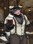  3:4 alcohol anthro asterion asterion_(minotaur_hotel) beverage bovid bovine bulge cattle clothed clothing european_mythology greek_mythology looking_at_viewer male mammal minotaur minotaur_hotel muscular muscular_anthro muscular_male mythology nanoff open_clothing open_shirt open_topwear shirt solo topwear wine_glass 