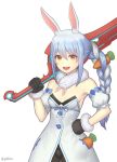  1girl :d animal_ears bare_shoulders black_gloves blue_hair braid breasts bunny_ears bunny_girl carrot carrot_hair_ornament cowboy_shot dress food_themed_hair_ornament fur_trim gloves gofelem hair_ornament hand_on_hip hololive long_hair looking_at_viewer medium_breasts monado open_mouth over_shoulder simple_background small_breasts smile solo strapless strapless_dress sword twin_braids usada_pekora virtual_youtuber weapon weapon_over_shoulder white_background white_hair xenoblade_chronicles xenoblade_chronicles_(series) yellow_eyes 