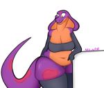  2020 anthro arm_warmers armwear belly big_breasts bra breasts cleavage clothed clothing female hi_res keeshee leaning leggings legwear long_tail looking_down navel ncs non-mammal_breasts orange_body orange_skin panties purple_body purple_skin reptile scales scalie signature simple_background slightly_chubby snake snake_hood solo standing stockings thick_thighs underwear white_background wide_hips 