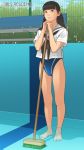  1girl absurdres ass_visible_through_thighs bangs barefoot bench black_eyes black_hair blunt_bangs cameltoe commentary_request competition_swimsuit eyebrows_visible_through_hair highres long_hair looking_at_viewer one-piece_swimsuit original pool school_uniform serafuku shinchou_ni_kansuru_kousatsu smile solo swimsuit wading 