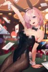  1girl 2020 animal_ears arm_support armband bare_shoulders blurry blurry_background bow bowtie breasts bunny_ears bunny_tail bunnysuit card casino cleavage collarbone commentary covered_navel cowgirl_position dated detached_collar earrings eyebrows_visible_through_hair eyes_visible_through_hair fate/grand_order fate_(series) fishnet_legwear fishnets hair_over_one_eye highres jewelry leotard lucidsky mash_kyrielight medium_breasts open_mouth pantyhose pink_hair purple_eyes short_hair signature sitting sleeveless solo straddling strapless strapless_leotard tail teeth tongue wrist_cuffs 