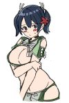  1girl amagi_(kantai_collection) amagi_(kantai_collection)_(cosplay) blue_eyes blue_hair blush breasts cleavage cosplay embarrassed flower fujisaki_(si_da) hair_flower hair_ornament hair_ribbon highres kantai_collection large_breasts looking_at_viewer midriff navel ribbon simple_background solo souryuu_(kantai_collection) white_background white_ribbon 