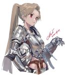  1girl armor blonde_hair dated highres knight long_hair looking_up original red_eyes solo twintails upper_body white_background xiao_chichi 