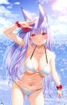  1girl animal_ear_fluff animal_ears bangs bikini blush bracelet breasts cleavage collarbone commentary_request droplets eyebrows_visible_through_hair fingernails flower groin hair_flower hair_ornament hand_over_face highres jewelry kamishiro_natsume large_breasts lavender_hair long_hair looking_at_viewer melty+ nail_polish navel parted_lips pink_eyes shadow swimsuit thighs very_long_hair virtual_youtuber water wet white_bikini yasuyuki 