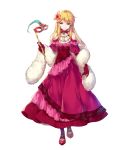  1girl bangs bare_shoulders black_legwear blonde_hair brown_hair closed_mouth dress feather_boa fire_emblem fire_emblem:_genealogy_of_the_holy_war fire_emblem_heroes flower frilled_dress frills full_body gloves hair_flower hair_ornament highres holding lachesis_(fire_emblem) long_dress long_hair looking_at_viewer mask miwabe_sakura official_art red_dress red_footwear shiny shiny_hair solo standing transparent_background 