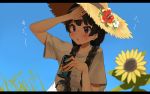  1girl absurdres bangs black_hair blue_sky blunt_bangs blurry blurry_background braid can commentary_request eyebrows_visible_through_hair flower hand_on_own_head hat highres holding holding_can medium_hair nijisanji outdoors plant purple_eyes sen_(sennosenn1127) shirt sky solo straw_hat strong_zero summer sunflower t-shirt tsukino_mito twin_braids virtual_youtuber white_shirt 