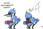  anthro avian beak bird blue_jay cartoon_network corvid english_text feathers happyroadkill humor jay_(bird) male mordecai_(regular_show) new_world_jay oscine passerine profanity regular_show simp sniffing solo tail_feathers text 