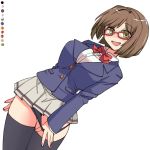  1girl :d alternate_breast_size bangs black_legwear black_panties blazer blue_jacket blush bow bowtie breasts brown_hair chiyoshi_(sevendw) color_guide cowboy_shot dutch_angle fang glasses green_eyes grey_skirt head_tilt idolmaster idolmaster_cinderella_girls jacket large_breasts long_sleeves looking_at_viewer maekawa_miku microskirt open_mouth panties panty_pull panty_tug pleated_skirt rectangular_eyewear red-framed_eyewear red_neckwear short_hair simple_background skirt smile solo thighhighs thighs underwear white_background zettai_ryouiki 