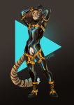  andromorph anthro bassenji boots brown_hair clothing felid footwear genitals green_eyes hair hands_behind_head harness hi_res intersex long_hair mammal pantherine pussy rubber rubber_suit solo standing tiger 