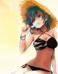  1girl alternate_costume bare_shoulders bikini black_bikini bracelet breasts cleavage collarbone eyepatch food food_in_mouth green_eyes green_hair hat highres ice_cream jewelry kantai_collection kiso_(kantai_collection) kitsunebi_ao looking_away midriff navel short_hair solo straw_hat swimsuit 