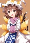  1girl brown_background brown_eyes brown_hair cat_tail chen cosplay eyebrows_visible_through_hair fang fox_tail hands_in_opposite_sleeves highres multiple_tails open_mouth ruu_(tksymkw) simple_background solo tabard tail touhou two_tails yakumo_ran yakumo_ran_(cosplay) 