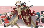  1boy 1other 4girls armor axe black_hair black_shorts blue_hair byleth_(fire_emblem) byleth_(fire_emblem)_(female) cape closed_eyes closed_mouth edelgard_von_hresvelg fake_horns fire_emblem fire_emblem:_three_houses fire_emblem_heroes flag flame_emperor garreg_mach_monastery_uniform gloves hair_over_one_eye hair_ribbon headpiece holding holding_axe holding_flag holding_shield horns hubert_von_vestra long_hair long_sleeves multiple_girls open_mouth pantyhose purple_eyes red_cape red_legwear ribbon robaco shield shorts simple_background smile uniform white_gloves white_hair 