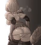  1girl after_sex ass blouse censored clothed_after_sex commentary_request cum cum_in_pussy djeeta_(granblue_fantasy) from_behind gauntlets granblue_fantasy heavy_breathing panties panty_pull penis short_hair skirt solo_focus souji@gaakura-chu thighhighs underwear 