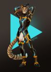  anthro balls bassenji boots brown_hair clothing felid flaccid footwear genitals green_eyes hair hands_behind_head harness hi_res humanoid_genitalia humanoid_penis long_hair male mammal pantherine penis rubber rubber_suit solo standing tiger uncut 