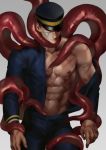  abs bara black_hair chest cowboy_shot facial_scar golden_kamuy hat highres imperial_japanese_army kzhma male_focus military_hat muscle navel nipples pants pectorals scar short_hair sugimoto_saichi tentacles tentacles_on_male tentacles_under_clothes 